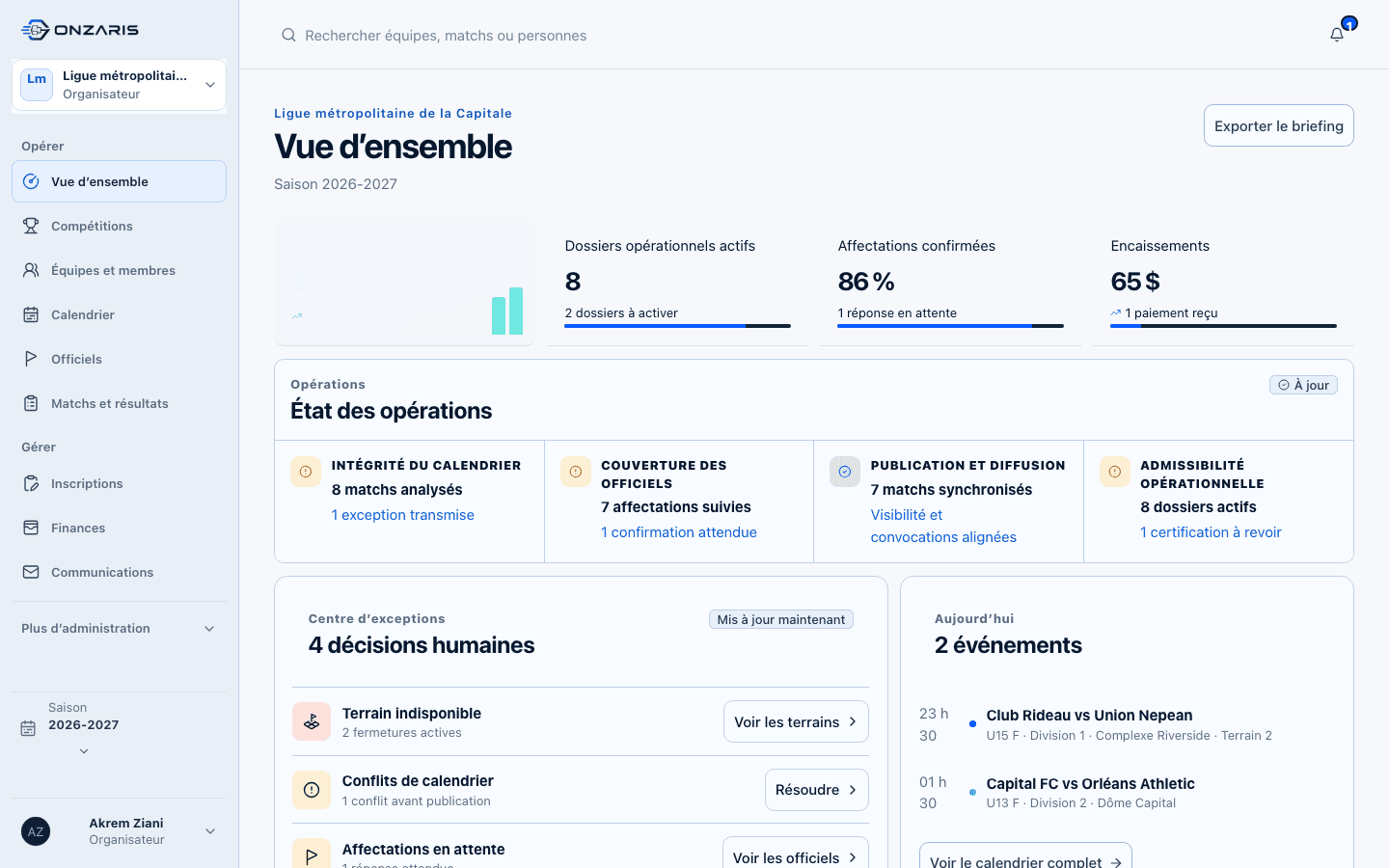 Vue d’ensemble des opérations Onzaris sur ordinateur