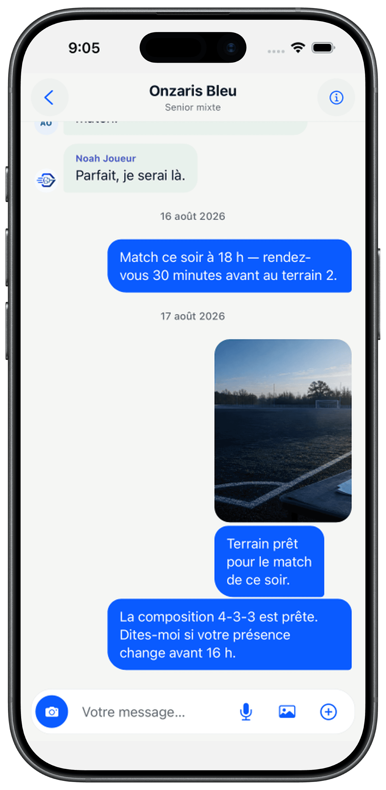 Conversation d’équipe Onzaris sur iPhone 17